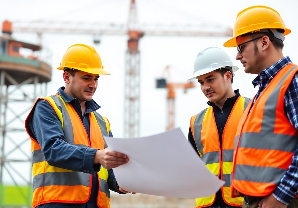Engineers reviewing plans on site